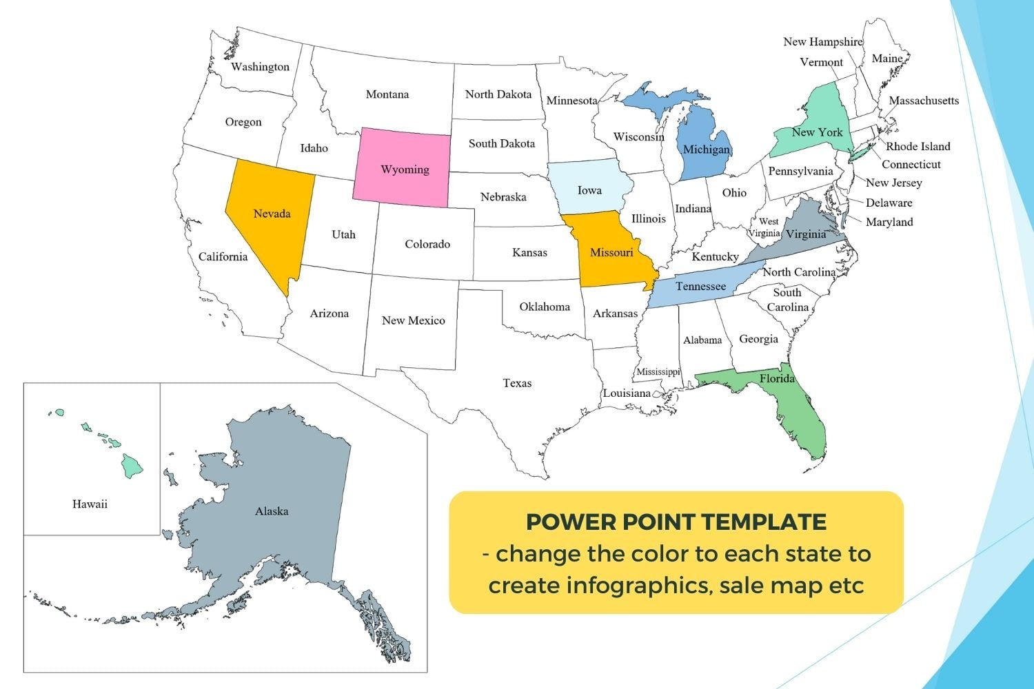 Mapa editable de Estados Unidos/Plantilla de PowerPoint - Etsy México, image size:1500x1000