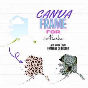 Può includere: Una cornice Canva per l'Alaska con uno sfondo bianco e una texture a grana di legno. La cornice ha la forma dello stato dell'Alaska e presenta tre diversi design: un cielo blu con una nuvola bianca, una stampa leopardata rosa e nera e un motivo di piante grasse verdi. Il testo "Canva Frame for Alaska" è scritto in lettere viola, rosa e blu. Il testo "Aggiungi i tuoi modelli o foto" è scritto in lettere nere.
