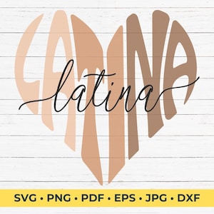 Puede incluir: Un diseño en forma de corazón con la palabra "Latina" escrita en cursiva negra. El corazón está formado por diferentes tonos de marrón, que representan diferentes tonos de piel.