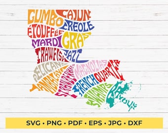 Louisiana Words Characteristics Map Shape SVG Cut File