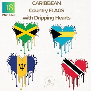 Könnte beinhalten: Eine digitale Sammlung von 18 PNG-Dateien mit Flaggen karibischer Länder in Herzform mit einem tropfenden Farbeffekt. Die Grafik enthält die Flaggen von Jamaika, den Bahamas, Barbados sowie Trinidad und Tobago mit dem Text CARIBBEAN Country FLAGS with Dripping Hearts.