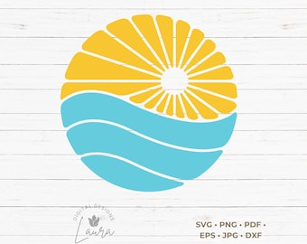 May include: A yellow sun with rays and a blue ocean wave design. The sun and wave are stylized and create a simple, modern design.