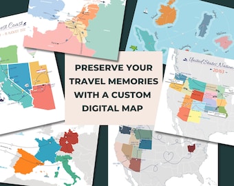 May include: A collection of colorful digital travel maps featuring various regions, including the West Coast and United States National Parks, with travel routes and dates. A central beige square displays the text: PRESERVE YOUR TRAVEL MEMORIES WITH A CUSTOM DIGITAL MAP.