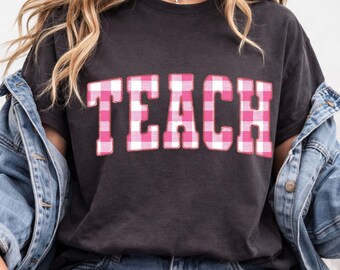 Pink Buffalo Plaid Teach PNG | Faux Stitch Teacher Design | Varsity Shirt Graphic