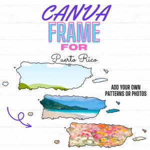 Peut inclure: Un cadre Canva pour Porto Rico avec trois images différentes de l'île. L'image du haut est un simple contour de l'île avec un ciel bleu et des collines vertes. L'image du milieu est une scène de plage avec une mer bleue, du sable blanc et des montagnes vertes. L'image du bas est un champ de fleurs roses et blanches. Le texte "ADD YOUR OWN PATTERNS OR PHOTOS" est dans le coin supérieur droit.