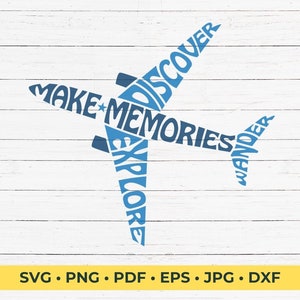 Könnte beinhalten: Blaue Flugzeugsilhouette aus den Wörtern "Make Memories", "Discover", "Explore" und "Wander".