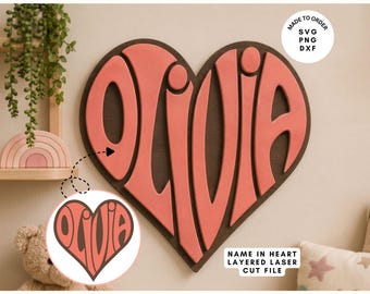 Custom Name Heart SVG | Layered Laser Cut File | Nursery Wood Sign PNG | Kids Room