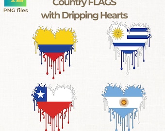 12 South America Country Flags with Dripping Heart PNG Designs