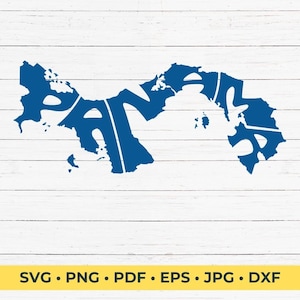 May include: A blue silhouette of Panama, with the letters of the word "Panama" forming the outline of the country.