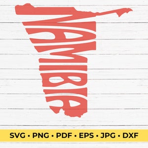 May include: A coral-colored graphic of the country of Namibia, with the country's name stylized within the shape. The design is set against a white, weathered wood background. The bottom of the image includes file type options.