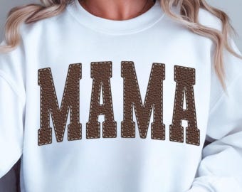 Brown Leather Mama PNG, Faux Stitch Mom, Varsity Shirt Design, Western Sublimation