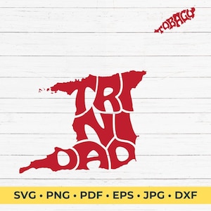 Pode incluir: Uma silhueta vermelha das ilhas de Trinidad e Tobago, com o nome de cada ilha escrito dentro do contorno da ilha. As ilhas estão sobre um fundo de madeira branca.