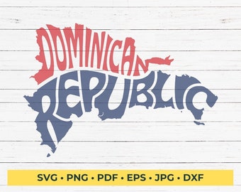May include: An outline of the Dominican Republic in the shape of the country, with the words "Dominican Republic" written inside the outline. The words are in a red and blue colour scheme, with "Dominican" in red and "Republic" in blue.