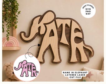 Custom Name Elephant SVG | Layered Laser Cut File | Nursery Wood Sign PNG | Kids Room