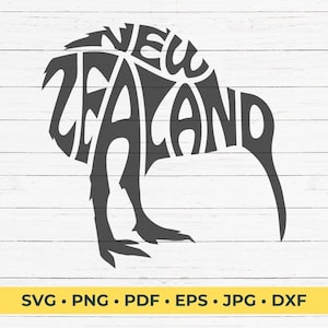 Word Art da Nova Zelândia em forma de pássaro Kiwi SVG Cut File