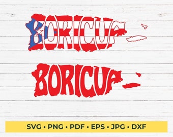 May include: Two designs of the island of Puerto Rico with the word "BORICUA" in red and white. The top design has the Puerto Rican flag incorporated into the word. The bottom design is all red. The image includes file format options.