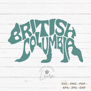 Op de afbeelding: Een tealblauwe beren silhouet met de woorden "BRITISH COLUMBIA" gespeld binnen de vorm van de beer. De woorden zijn in een gestileerd lettertype.