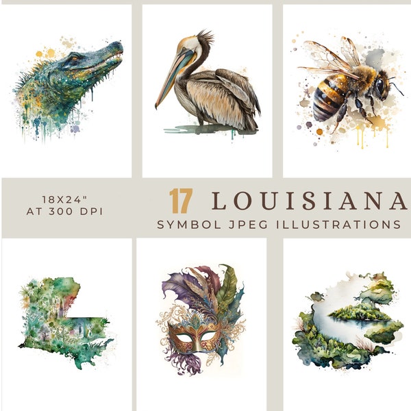 Louisiana Symbols JPEG | 17 State Illustrations | Watercolor Clipart | Southern Gift | Digital Download