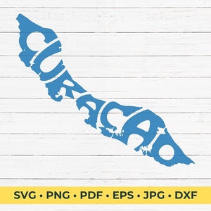 May include: A blue silhouette of the island of Curaçao, with the name "Curaçao" spelled out within the outline of the island.