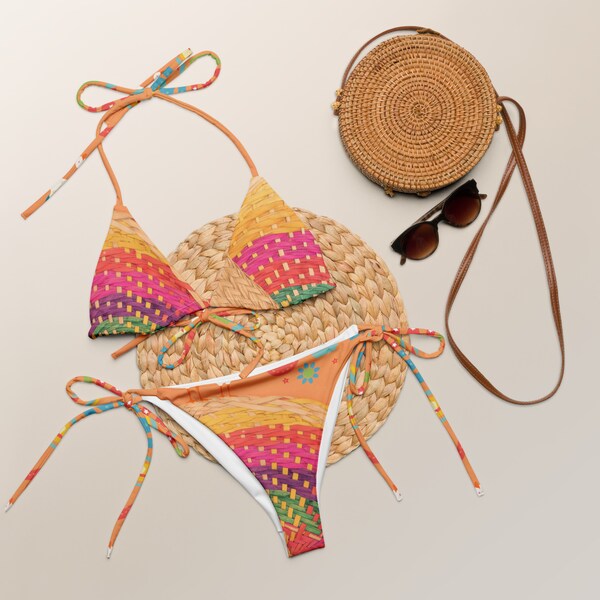 All-over print recycled string bikini, bohemian style bikini, bikini, ladies swimwear, plus size bikini, 2 piece swimsuit, string bikini