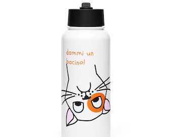 Stainless steel water bottle with straw lid, 32 oz, dammi un baccio cat print