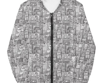 City Buildings Print Bomber Jacket, Unisex Zip-Up Oversized Black and White Cityscape Jacket