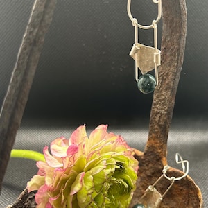 Sterling Silver geometric drop earrings with ocean jasper bead.