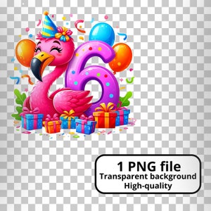 Op de afbeelding: Een roze flamingo met een feestmuts die een paars nummer zes vasthoudt. De flamingo wordt omringd door kleurrijke ballonnen, confetti en cadeaus.