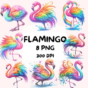 Clipart fenicottero arcobaleno, fenicottero bambino, arte arcobaleno, scuola materna, stampa a sublimazione, wallart, fenicottero PNG, uccello carino, tropicale, colorato