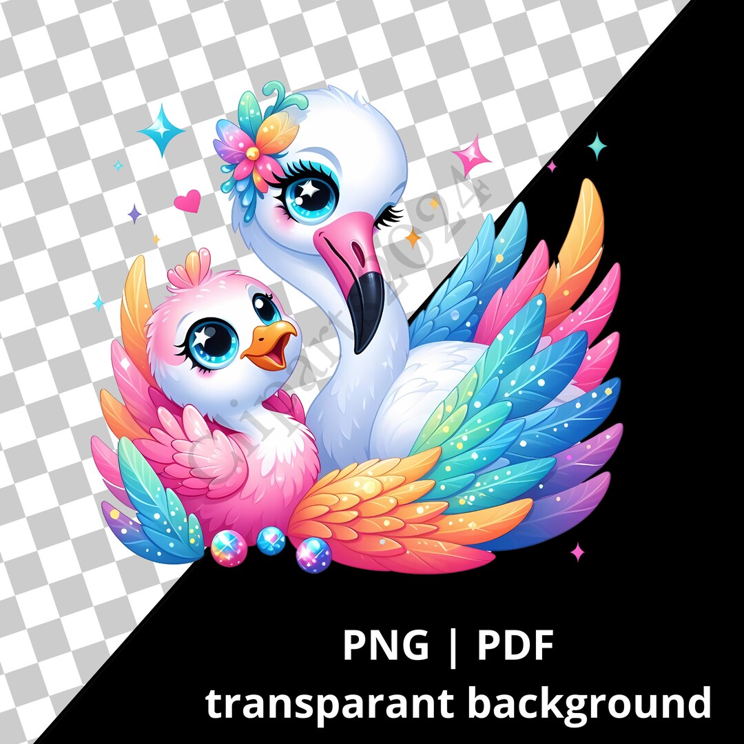 Rainbow Flamingo Clipart, Baby and Mother Flamingo, Clip Art, JPG, Cute ...