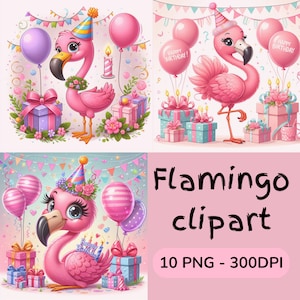 Cute Flamingo Clipart, PNG, Happy Birthday, Digital Download, 300DPI, Cartoon Bird PNG, pink bird, flamingos, party, Instant Download