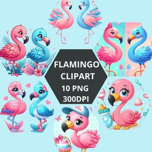 Op de afbeelding: Een set van 10 digitale clipart-afbeeldingen met roze en blauwe flamingo's in verschillende poses. De flamingo's zijn in cartoon-stijl en hebben grote ogen. De afbeeldingen zijn 300 DPI en perfect voor gebruik in digitale projecten.