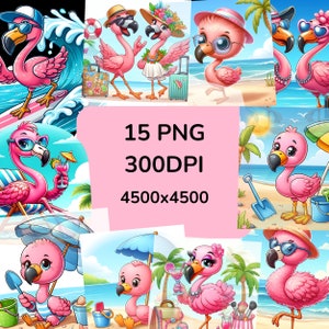 Beach flamingo clipart, cartoon vacation birds, flamingo PNG art, sublimation print flamingo, funny flamingo beach style, cartoon flamingo