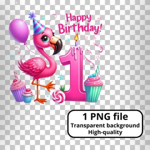 1er cumpleaños Flamingo clipart, PNG, pájaro rosa, feliz cumpleaños, número 1, niños, bebé, Aniversario, celebración, fiesta, bash, una invitación