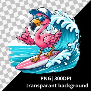 Op de afbeelding: Een roze flamingo met een zonnebril en een blauw-witte baseballpet surft op een golf. De flamingo houdt zijn rechtervleugel omhoog in een 'hang loose'-gebaar. De golf is blauw en wit met schuim.