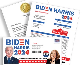 Prank Joe Biden Harris 2024 Donation Prank Mailer - Sent 100% Anonymous Directly To Your Victims - Realistic Revenge Joke!