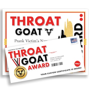 Throat Goat Prank Mail Certificate Award Letter - 100% Anonymous - Sent Directly To Your Victims - Prank Mail - Rude Joke