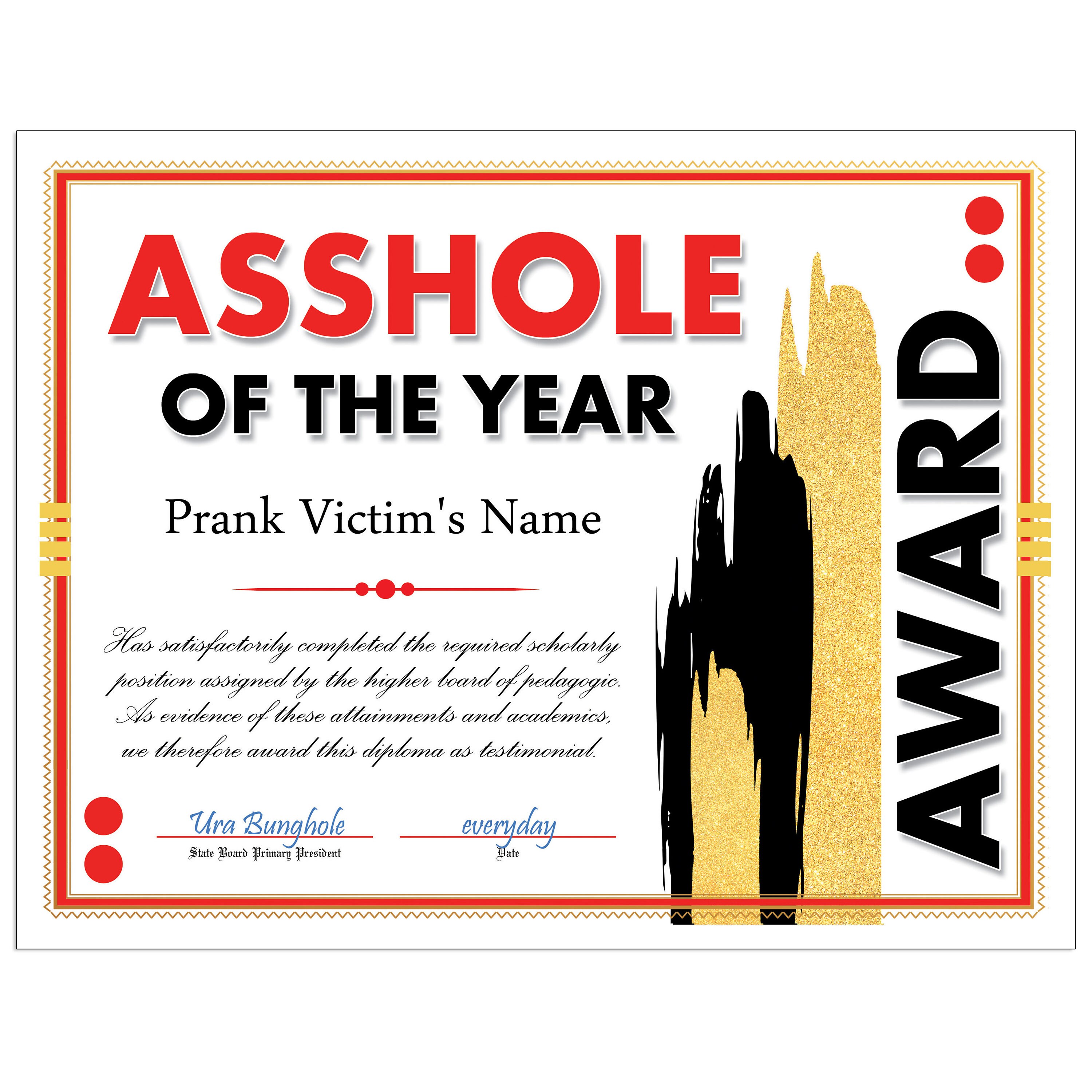 school jewel asshole $ Asshole of the Year Prank Mail Certificate Award Letter - 100% Anonymous -  Sent Directly to Your Victims - Prank Mail - Rude Joke - Etsy