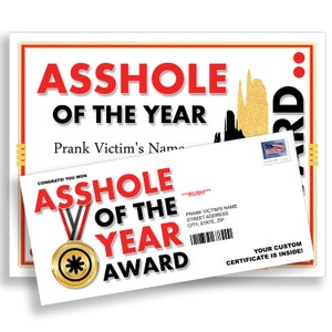 Asshole of the Year Prank Mail Certificate Award Letter - 100% Anonymous - Sent Directly To Your Victims - Prank Mail - Rude Joke