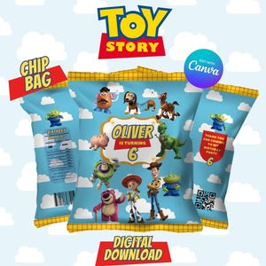 May include: A set of three Toy Story themed chip bag wrappers featuring a light blue background with white clouds. The central design displays characters including Woody, Buzz Lightyear, Jessie, and Rex with text reading Oliver is turning 6.