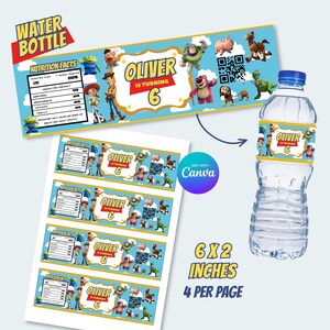 May include: A printable water bottle label sheet featuring Toy Story characters, the text 'Oliver is turning 6', and a nutrition facts table. The design includes a QR code and is shown applied to a clear plastic water bottle. The labels measure 15.24x5.08 cm.