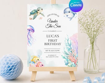 Sous l'invitation d'anniversaire de la mer | Aquarelle animaux marins (téléchargement numérique de 5 x 7 po.)