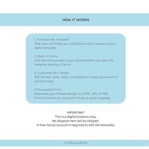May include: A light blue informational graphic titled HOW IT WORKS, outlining four steps for using a digital template: purchase, open in Canva, customize, and download. It includes a note that this is a digital product and requires a free Canva account.