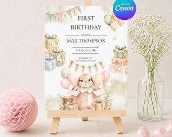 Modèle d'invitation de premier anniversaire de lapin aquarelle | Invitation à une fête de lapin (téléchargement numérique) + 60 images clipart PNG