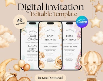 Modèle d'invitation de fête prénatale neutre | Aquarelle bohème (5 x 7 pouces) + 40 cliparts PNG