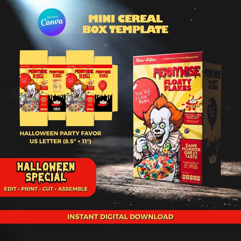 Mini Cereal Box Template Spooky Clown | Edit With Canva | Halloween ...