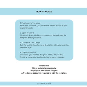 May include: A light blue informational graphic titled HOW IT WORKS, outlining four steps for using a digital template: purchase, open in Canva, customise, and download. It includes a note that this is a digital product and requires a free Canva account.