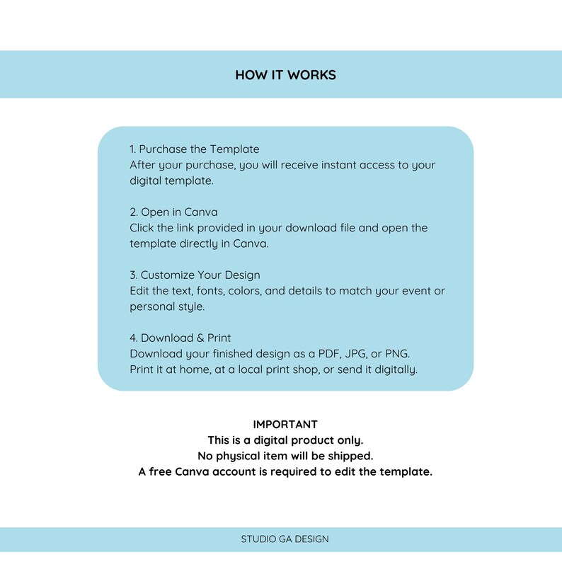 May include: A light blue informational graphic titled HOW IT WORKS, outlining four steps for using a digital template: purchase, open in Canva, customise, and download. It includes a note that this is a digital product and requires a free Canva account.