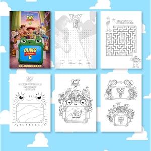 Pu&ograve; includere: Un libro da colorare di Toy Story 5 con una cornice verde a forma di rana sulla copertina e il testo Oliver is turning 6. Le pagine interne includono fogli di attivit&agrave; in bianco e nero con cruciverba, labirinti, unisci i puntini e illustrazioni.
