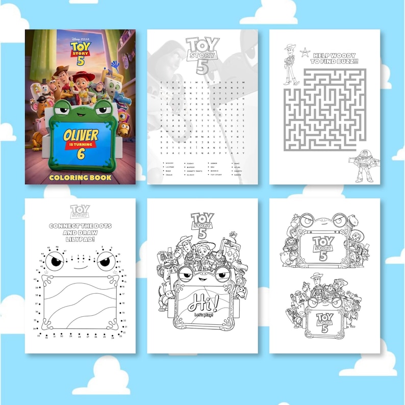 Pu&ograve; includere: Un libro da colorare di Toy Story 5 con una cornice verde a forma di rana sulla copertina e il testo Oliver is turning 6. Le pagine interne includono fogli di attivit&agrave; in bianco e nero con cruciverba, labirinti, unisci i puntini e illustrazioni.